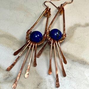 Natural Lapiz Lazuli Gems And Copper Dangle Earrings Artisan Made AAA Qu…